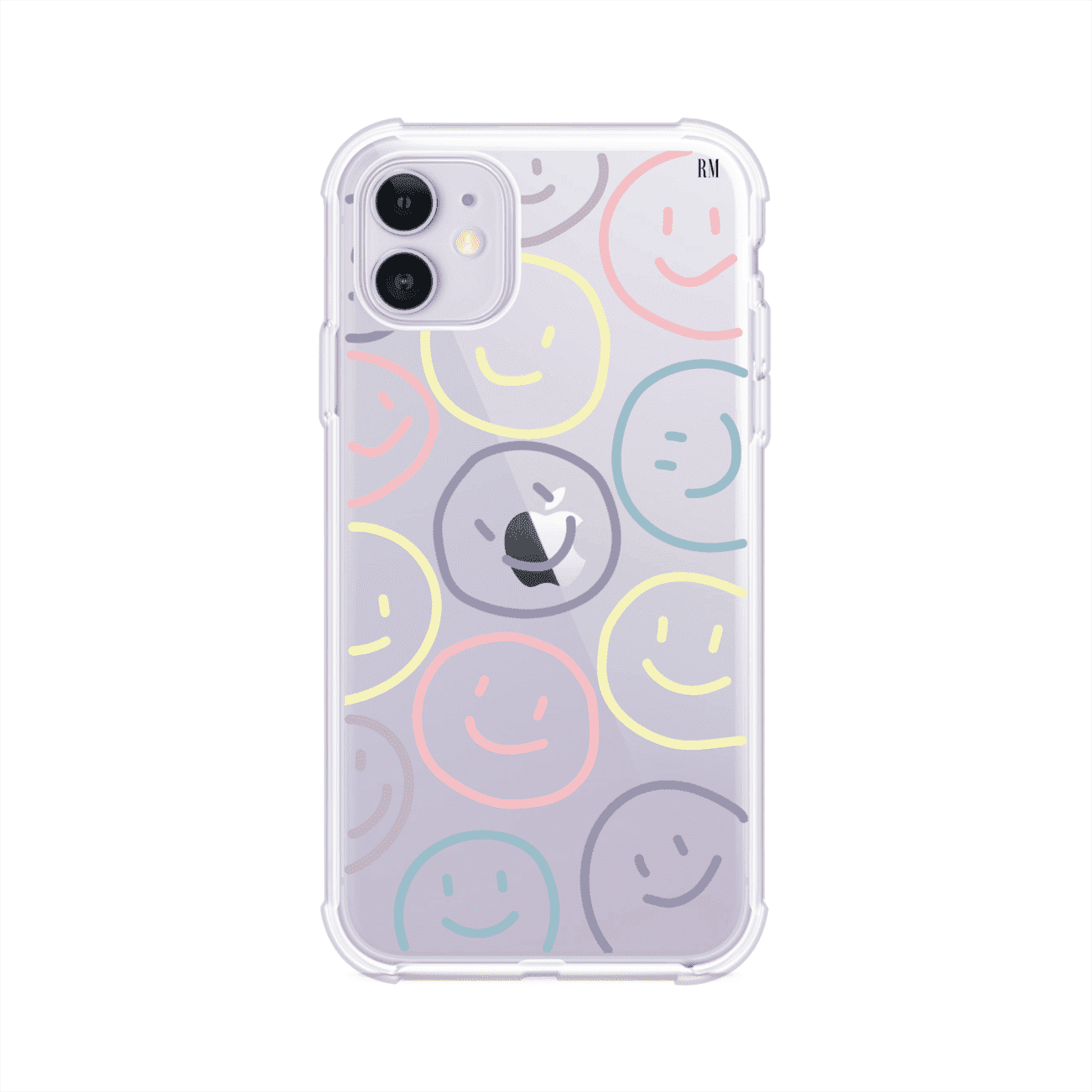 Funda personalizada para iPhone con diseño de caritas felices o happy faces en colores pastel, ideal para un estilo divertido y colorido; producto de Remark MX