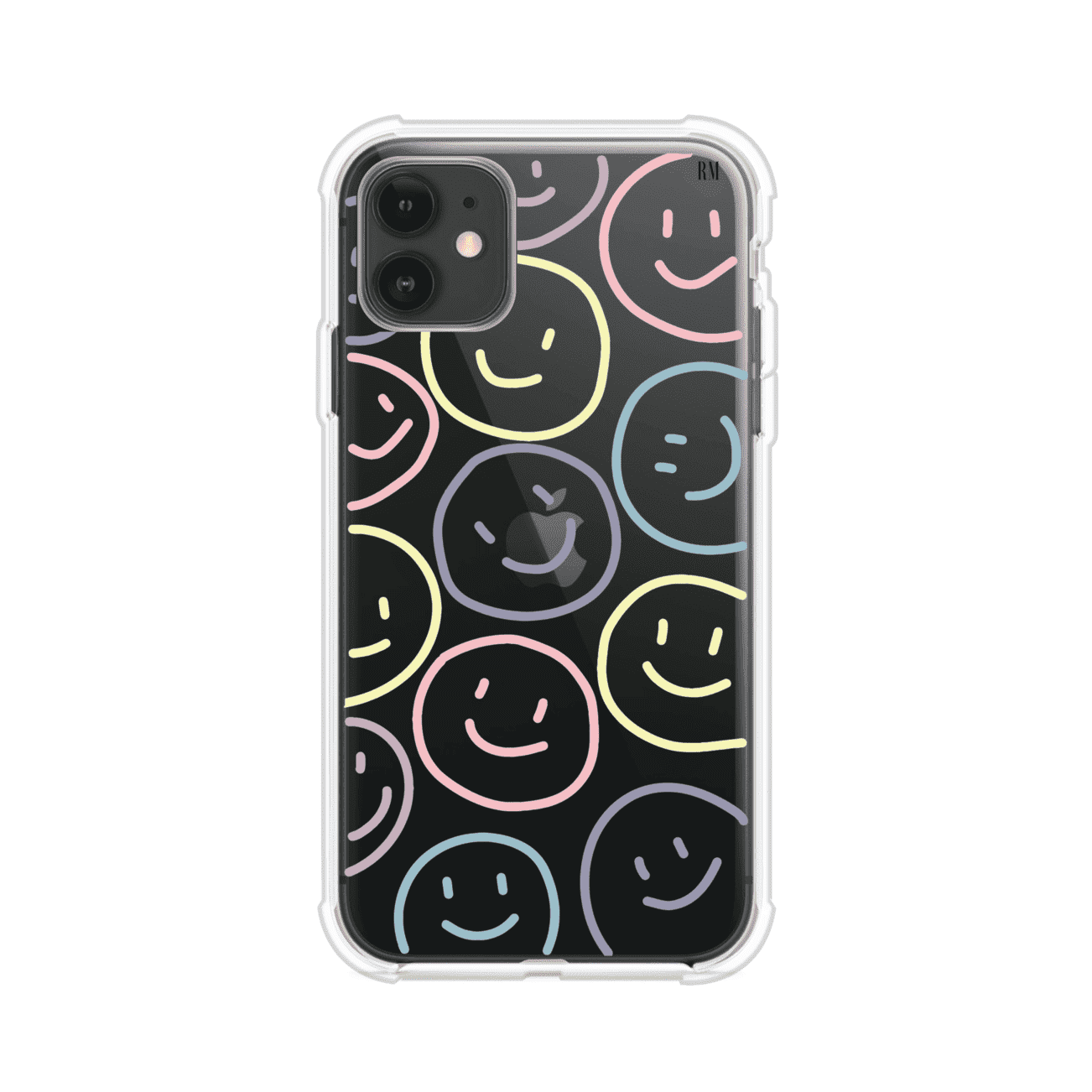 Funda personalizada para iPhone con diseño de caritas felices o happy faces en colores pastel, ideal para un estilo divertido y colorido; producto de Remark MX