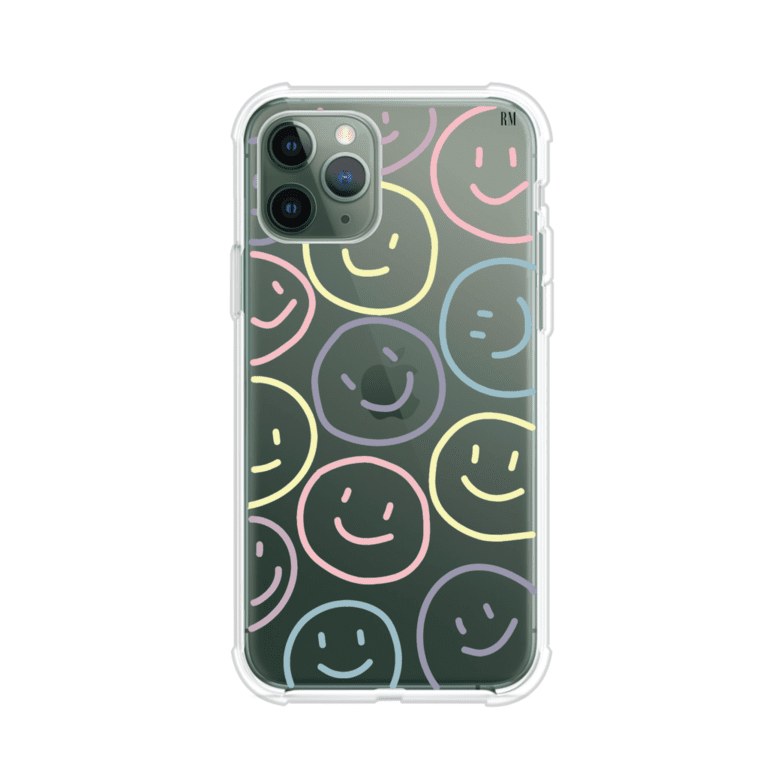 Funda personalizada para iPhone con diseño de caritas felices o happy faces en colores pastel, ideal para un estilo divertido y colorido; producto de Remark MX