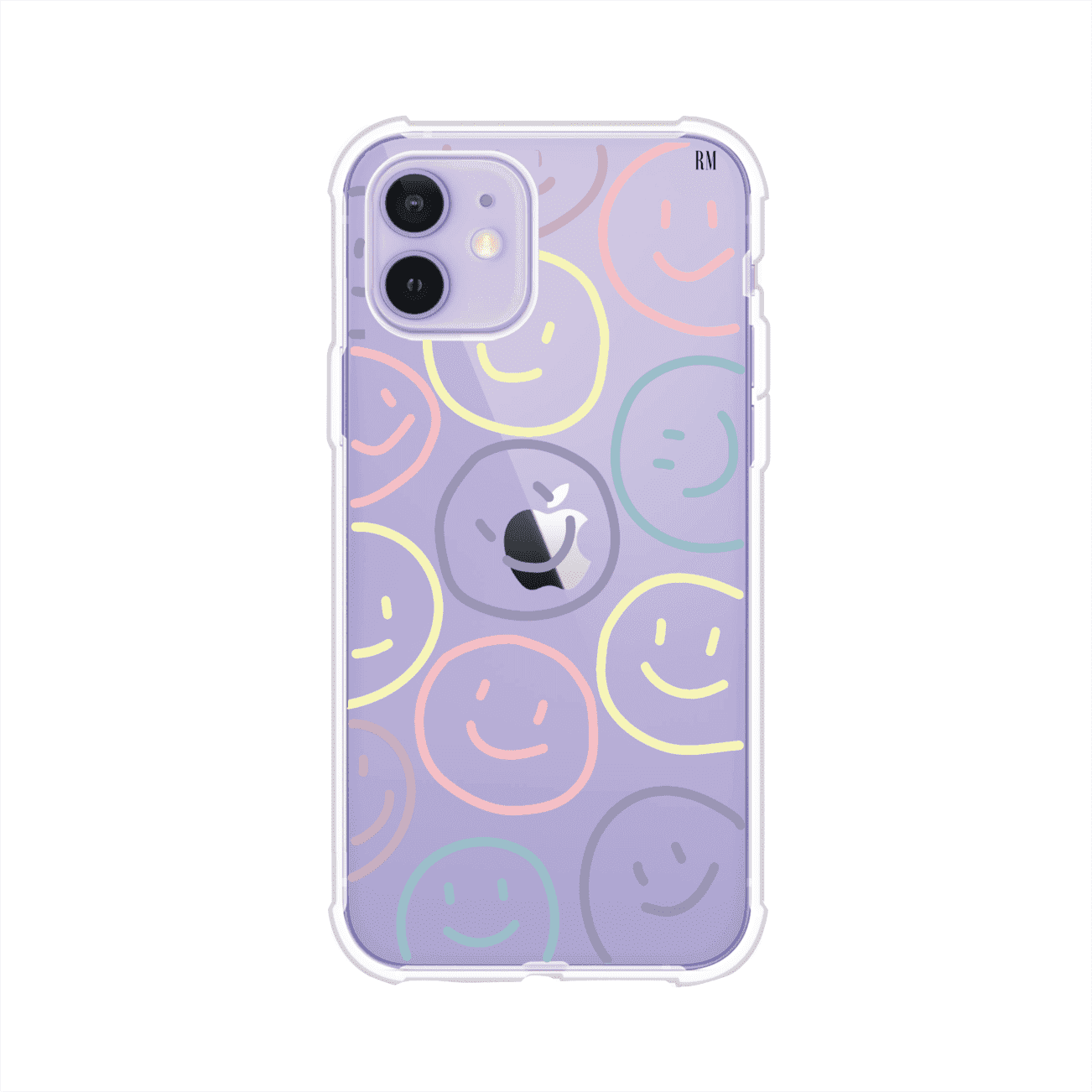 Funda personalizada para iPhone con diseño de caritas felices o happy faces en colores pastel, ideal para un estilo divertido y colorido; producto de Remark MX