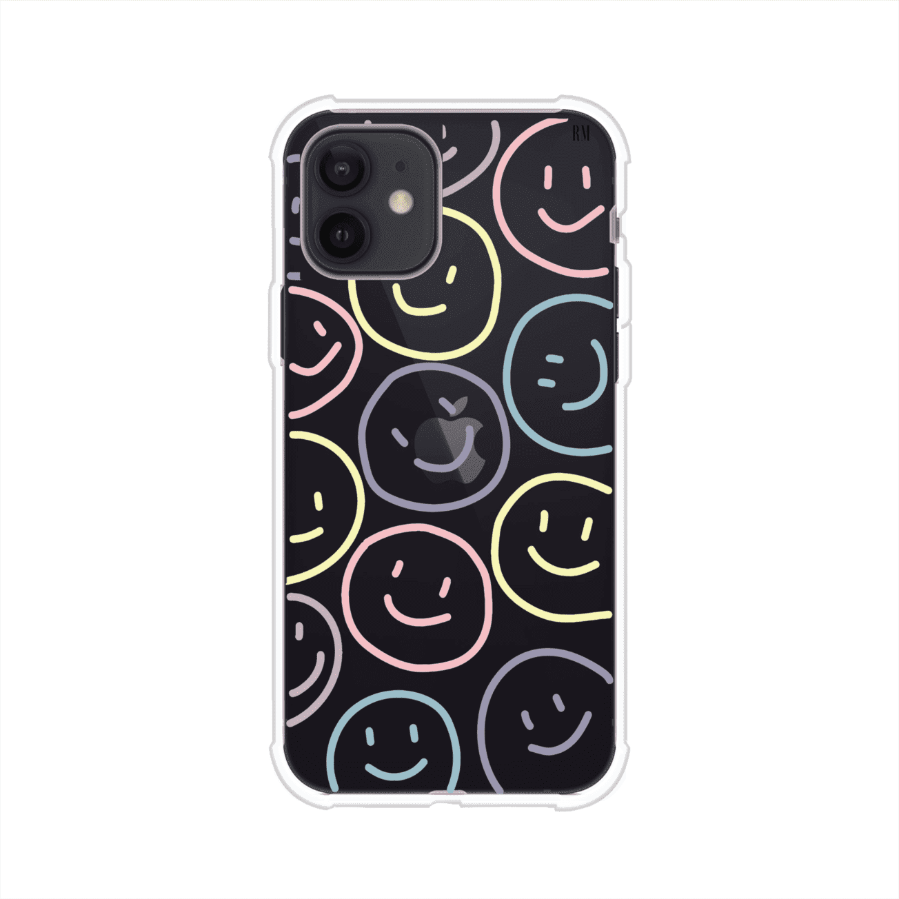 Funda personalizada para iPhone con diseño de caritas felices o happy faces en colores pastel, ideal para un estilo divertido y colorido; producto de Remark MX