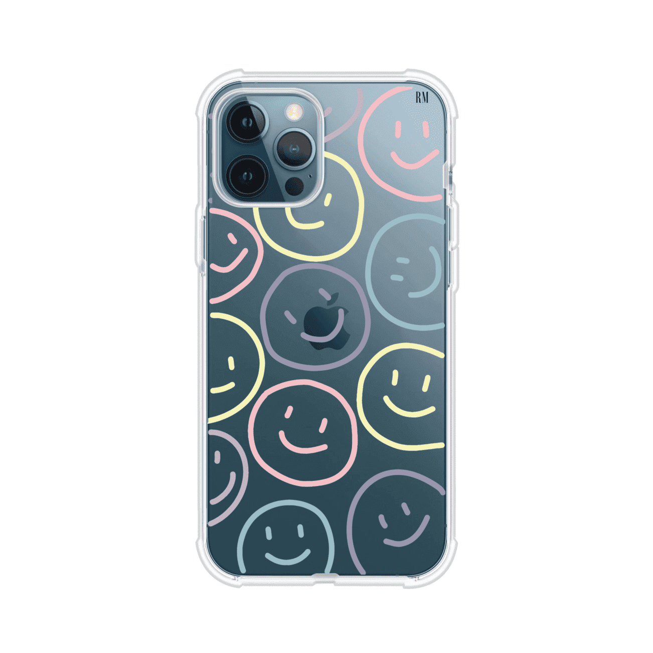 Funda personalizada para iPhone con diseño de caritas felices o happy faces en colores pastel, ideal para un estilo divertido y colorido; producto de Remark MX
