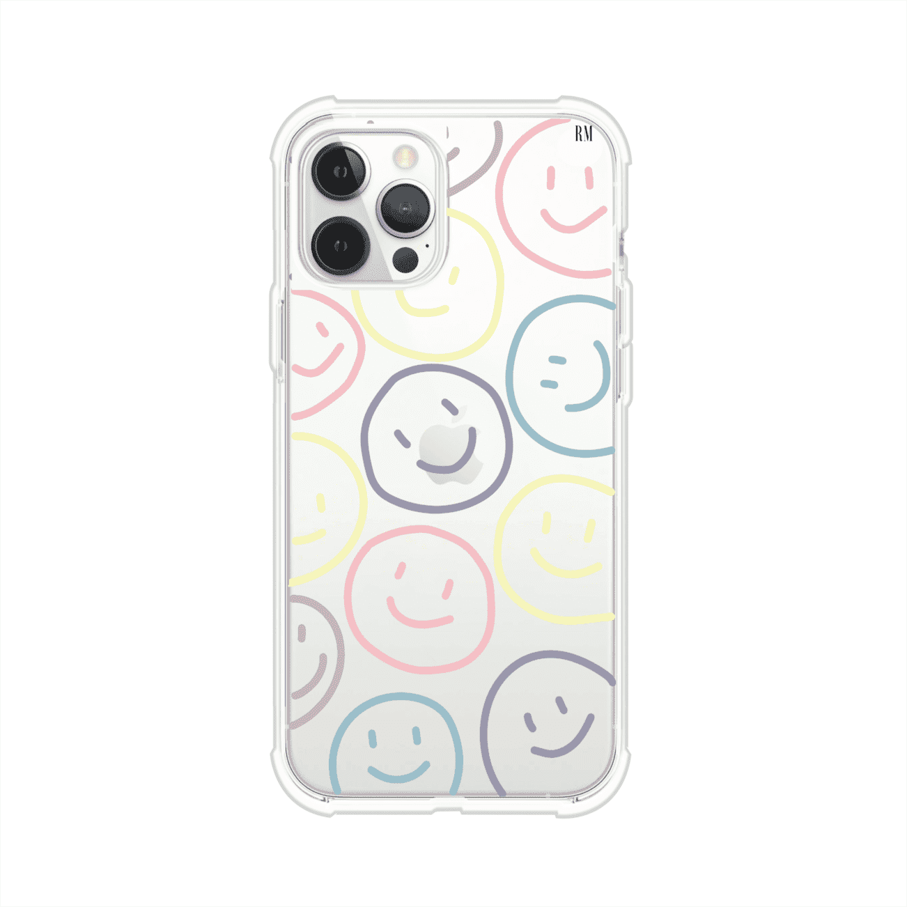 Funda personalizada para iPhone con diseño de caritas felices o happy faces en colores pastel, ideal para un estilo divertido y colorido; producto de Remark MX
