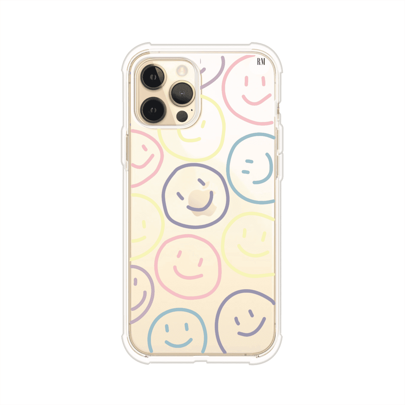 Funda personalizada para iPhone con diseño de caritas felices o happy faces en colores pastel, ideal para un estilo divertido y colorido; producto de Remark MX
