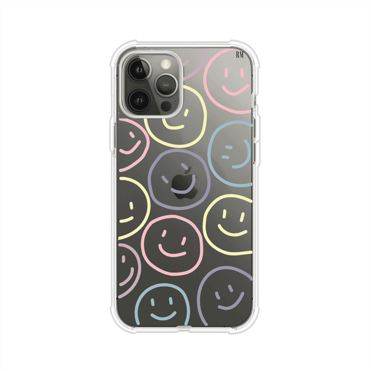 Funda personalizada para iPhone con diseño de caritas felices o happy faces en colores pastel, ideal para un estilo divertido y colorido; producto de Remark MX