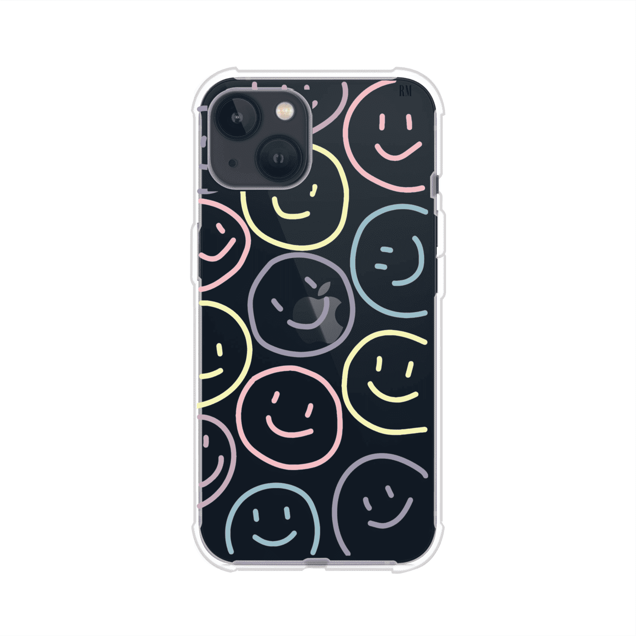 Funda personalizada para iPhone con diseño de caritas felices o happy faces en colores pastel, ideal para un estilo divertido y colorido; producto de Remark MX