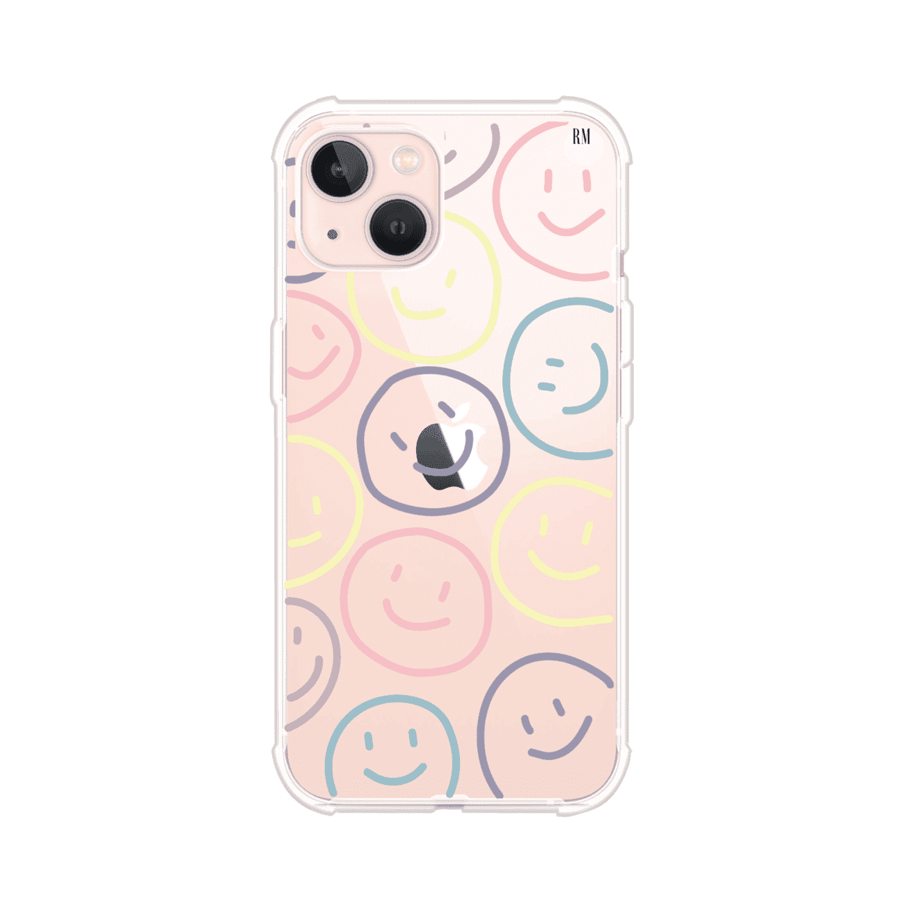 Funda personalizada para iPhone con diseño de caritas felices o happy faces en colores pastel, ideal para un estilo divertido y colorido; producto de Remark MX