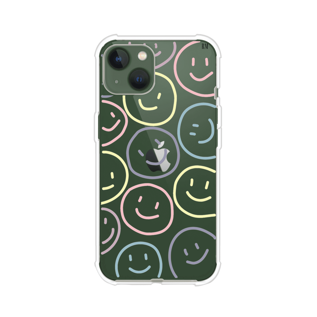 Funda personalizada para iPhone con diseño de caritas felices o happy faces en colores pastel, ideal para un estilo divertido y colorido; producto de Remark MX