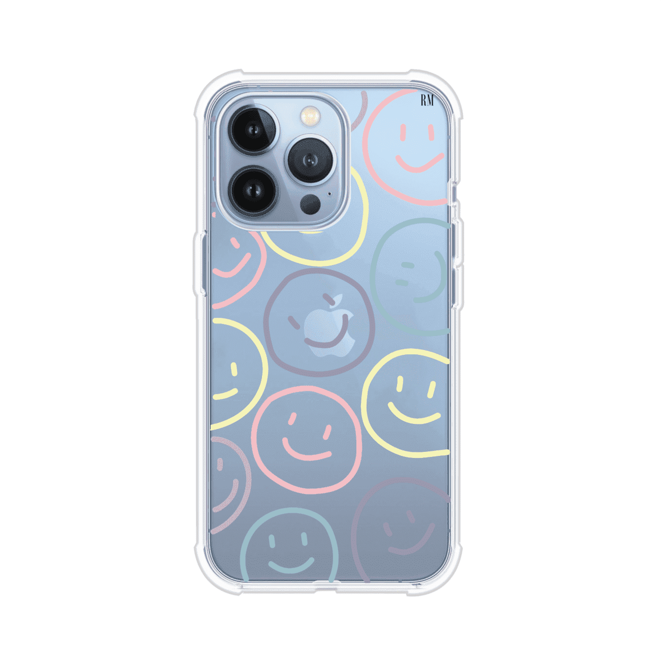 Funda personalizada para iPhone con diseño de caritas felices o happy faces en colores pastel, ideal para un estilo divertido y colorido; producto de Remark MX