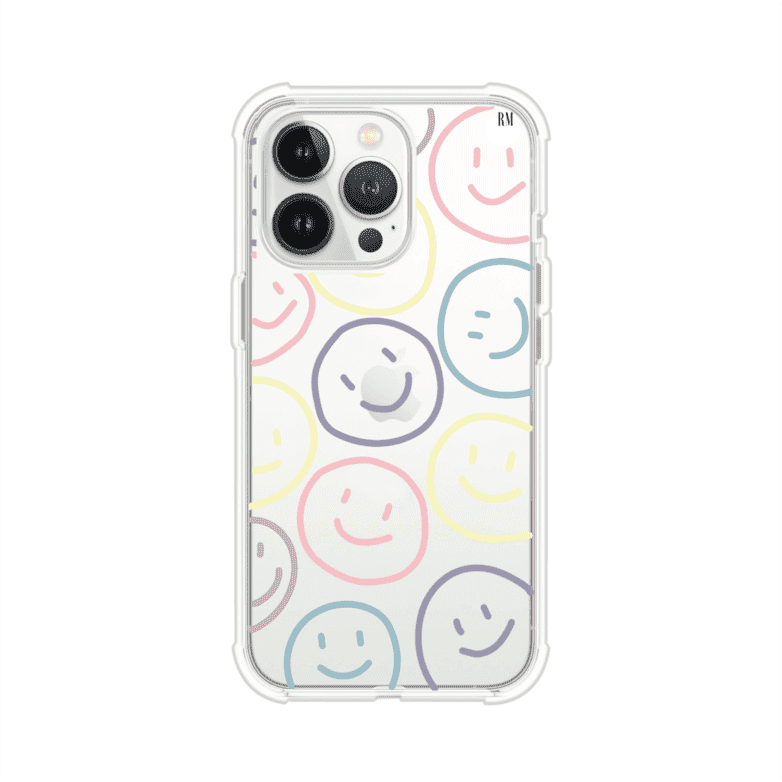 Funda personalizada para iPhone con diseño de caritas felices o happy faces en colores pastel, ideal para un estilo divertido y colorido; producto de Remark MX