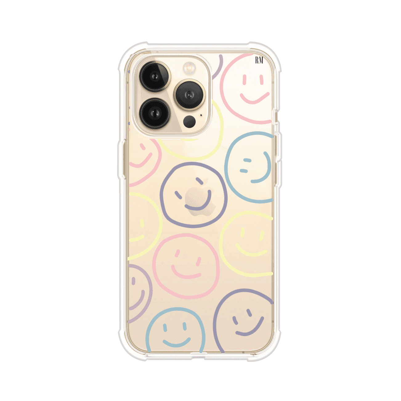 Funda personalizada para iPhone con diseño de caritas felices o happy faces en colores pastel, ideal para un estilo divertido y colorido; producto de Remark MX