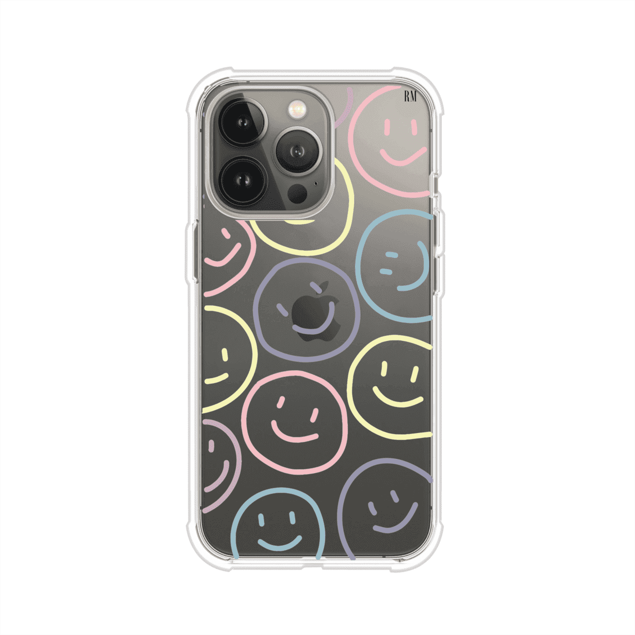 Funda personalizada para iPhone con diseño de caritas felices o happy faces en colores pastel, ideal para un estilo divertido y colorido; producto de Remark MX
