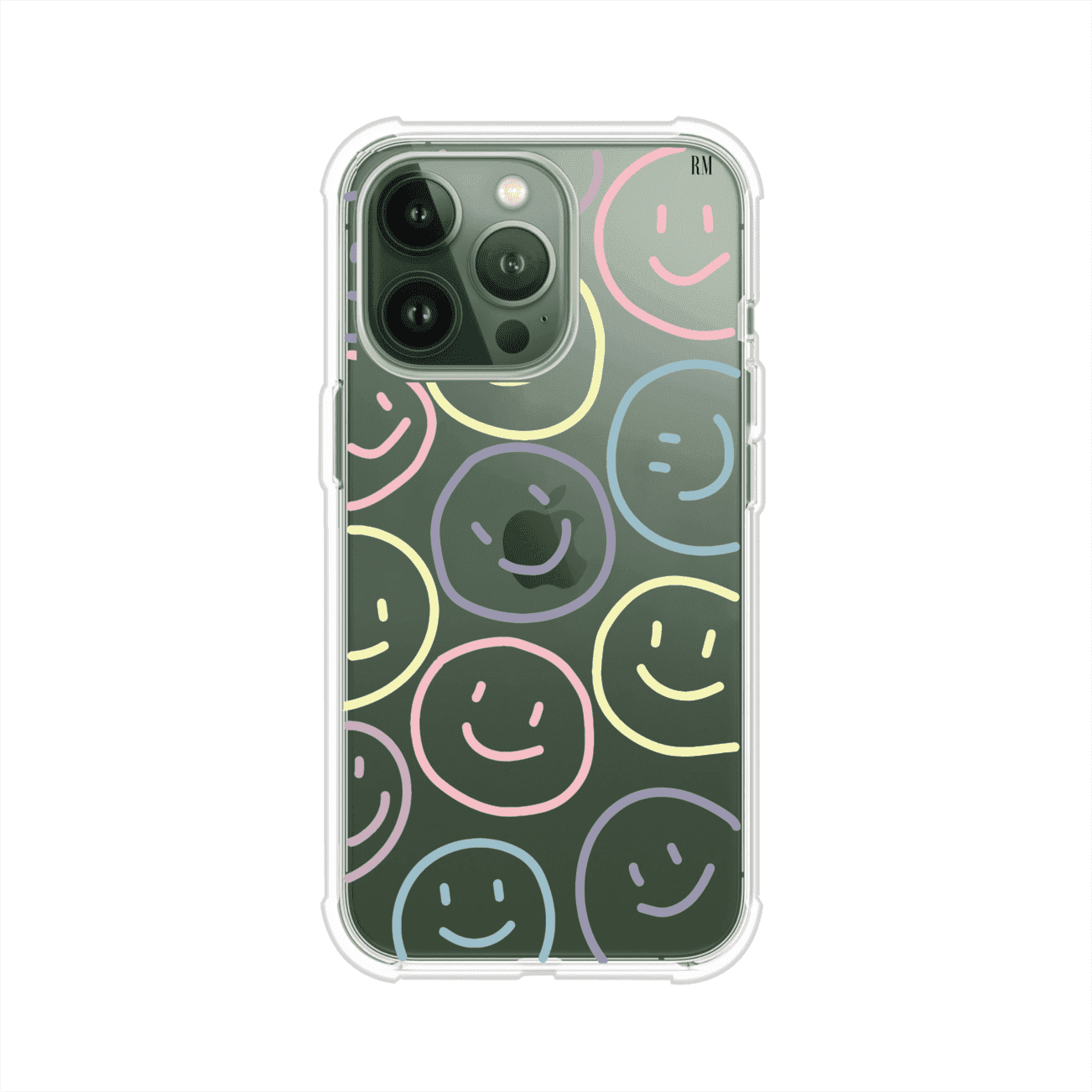 Funda personalizada para iPhone con diseño de caritas felices o happy faces en colores pastel, ideal para un estilo divertido y colorido; producto de Remark MX