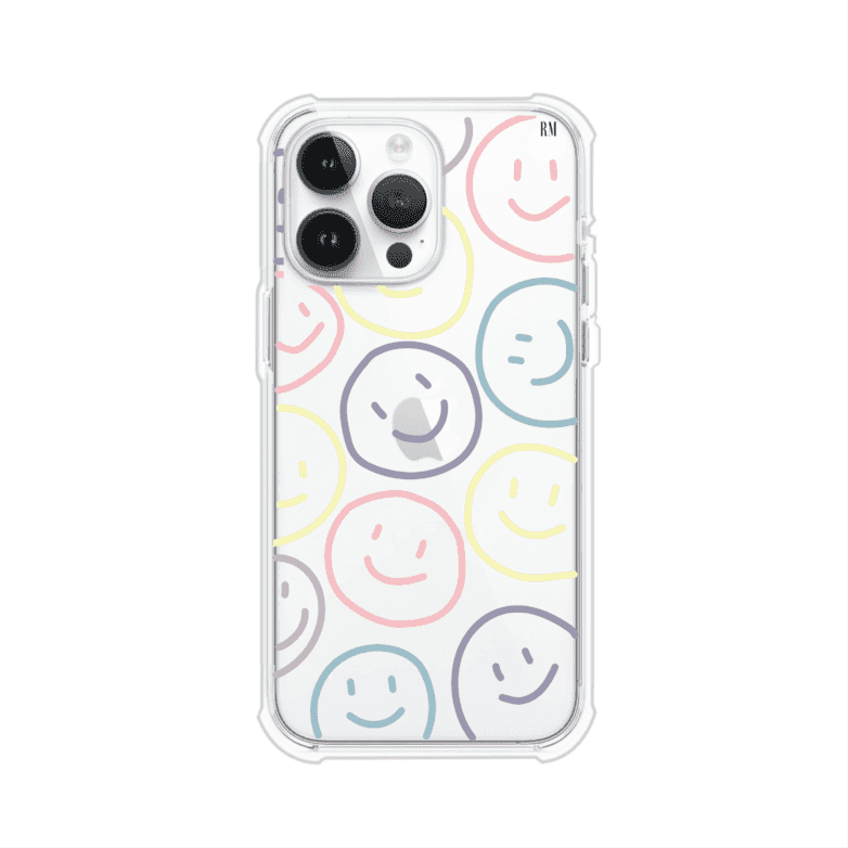 Funda personalizada para iPhone con diseño de caritas felices o happy faces en colores pastel, ideal para un estilo divertido y colorido; producto de Remark MX