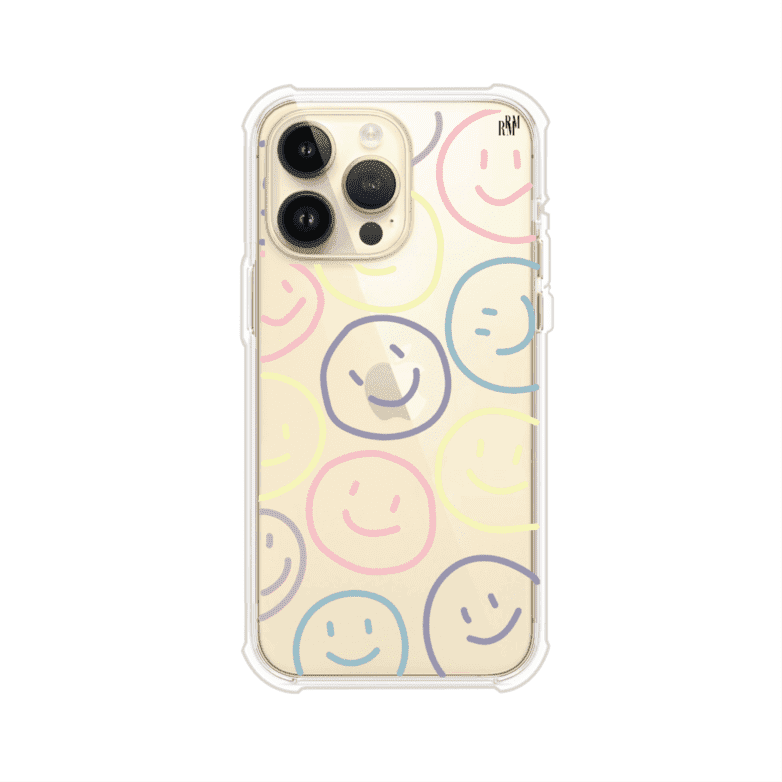 Funda personalizada para iPhone con diseño de caritas felices o happy faces en colores pastel, ideal para un estilo divertido y colorido; producto de Remark MX