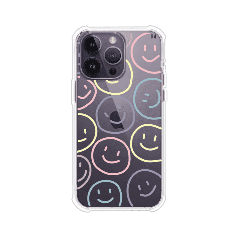 Funda personalizada para iPhone con diseño de caritas felices o happy faces en colores pastel, ideal para un estilo divertido y colorido; producto de Remark MX