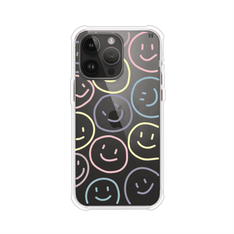 Funda personalizada para iPhone con diseño de caritas felices o happy faces en colores pastel, ideal para un estilo divertido y colorido; producto de Remark MX