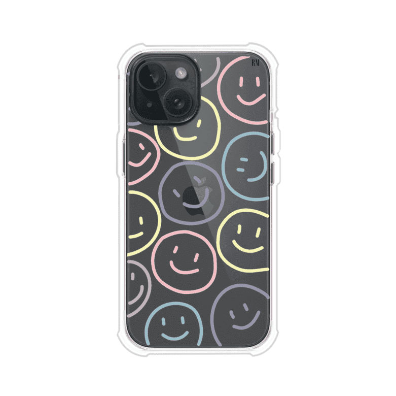 Funda personalizada para iPhone con diseño de caritas felices o happy faces en colores pastel, ideal para un estilo divertido y colorido; producto de Remark MX