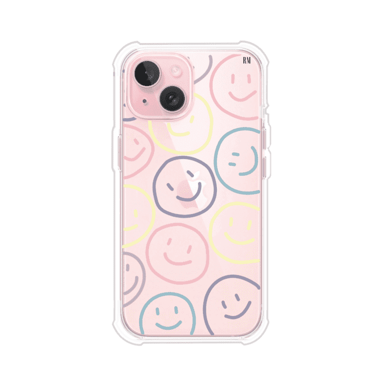 Funda personalizada para iPhone con diseño de caritas felices o happy faces en colores pastel, ideal para un estilo divertido y colorido; producto de Remark MX