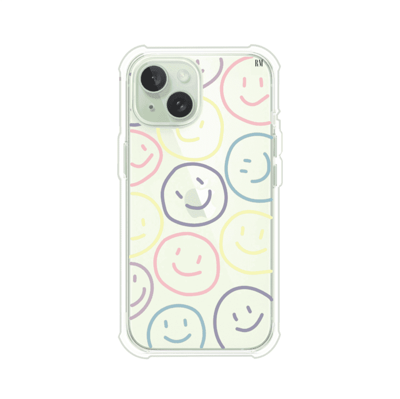 Funda personalizada para iPhone con diseño de caritas felices o happy faces en colores pastel, ideal para un estilo divertido y colorido; producto de Remark MX