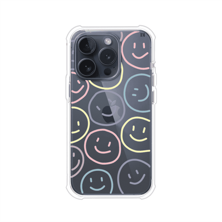 Funda personalizada para iPhone con diseño de caritas felices o happy faces en colores pastel, ideal para un estilo divertido y colorido; producto de Remark MX
