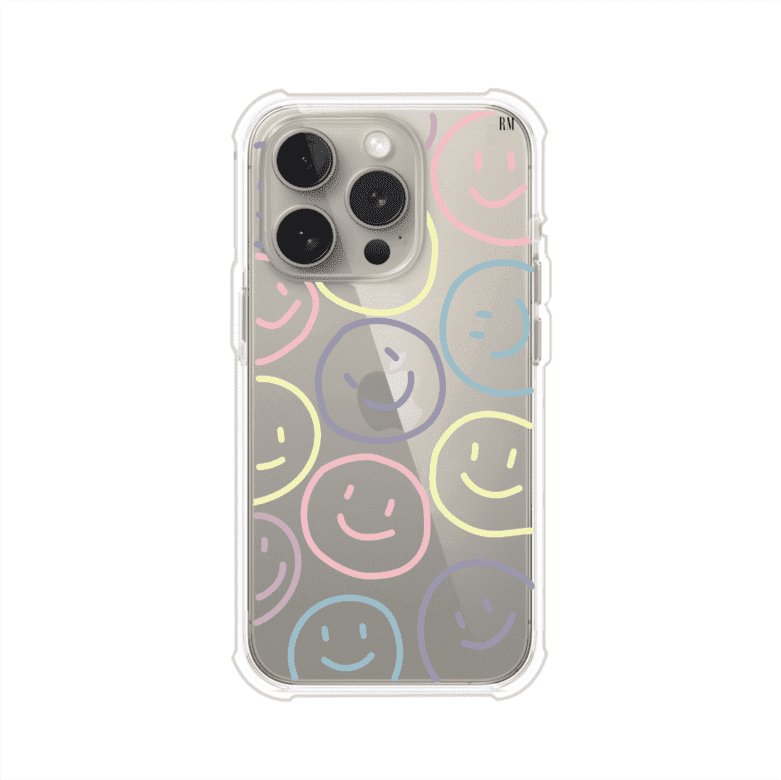 Funda personalizada para iPhone con diseño de caritas felices o happy faces en colores pastel, ideal para un estilo divertido y colorido; producto de Remark MX
