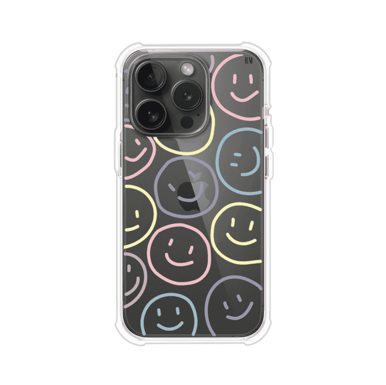 Funda personalizada para iPhone con diseño de caritas felices o happy faces en colores pastel, ideal para un estilo divertido y colorido; producto de Remark MX