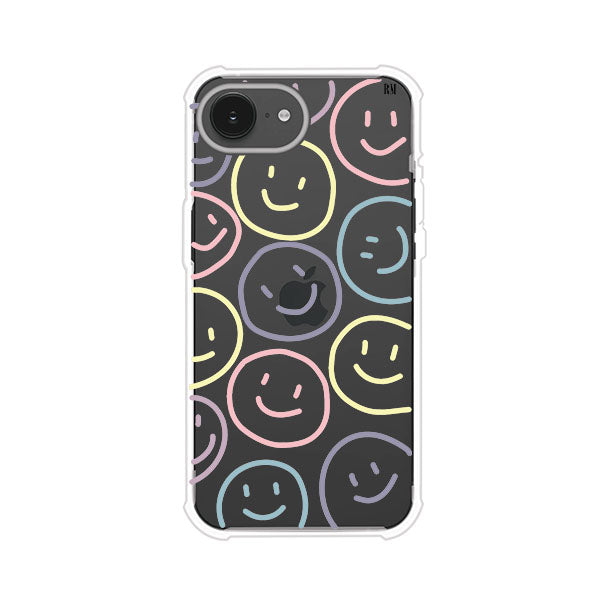 Funda personalizada para iPhone con diseño de caritas felices o happy faces en colores pastel, ideal para un estilo divertido y colorido; producto de Remark MX