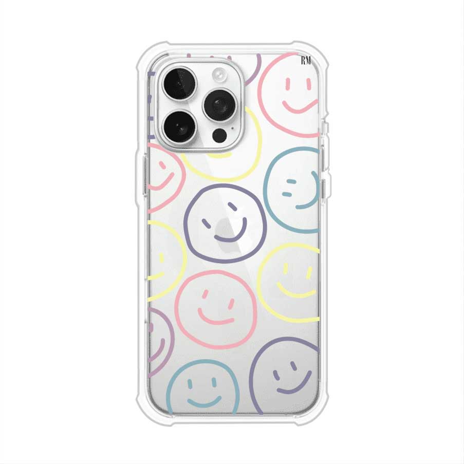 Funda personalizada para iPhone con diseño de caritas felices o happy faces en colores pastel, ideal para un estilo divertido y colorido; producto de Remark MX