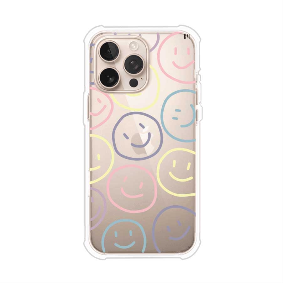 Funda personalizada para iPhone con diseño de caritas felices o happy faces en colores pastel, ideal para un estilo divertido y colorido; producto de Remark MX