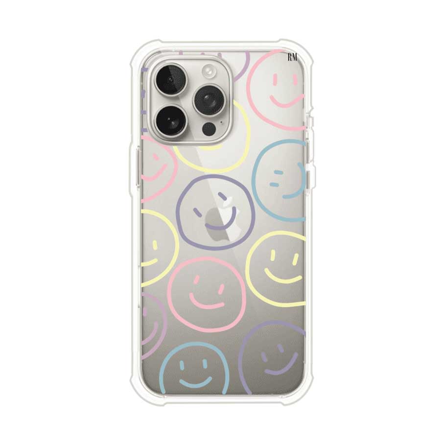 Funda personalizada para iPhone con diseño de caritas felices o happy faces en colores pastel, ideal para un estilo divertido y colorido; producto de Remark MX