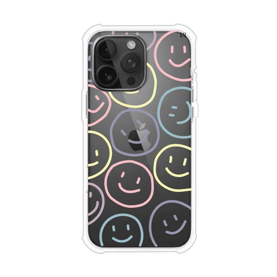 Funda personalizada para iPhone con diseño de caritas felices o happy faces en colores pastel, ideal para un estilo divertido y colorido; producto de Remark MX