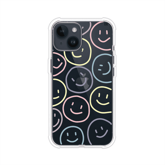 Funda personalizada para iPhone con diseño de caritas felices o happy faces en colores pastel, ideal para un estilo divertido y colorido; producto de Remark MX