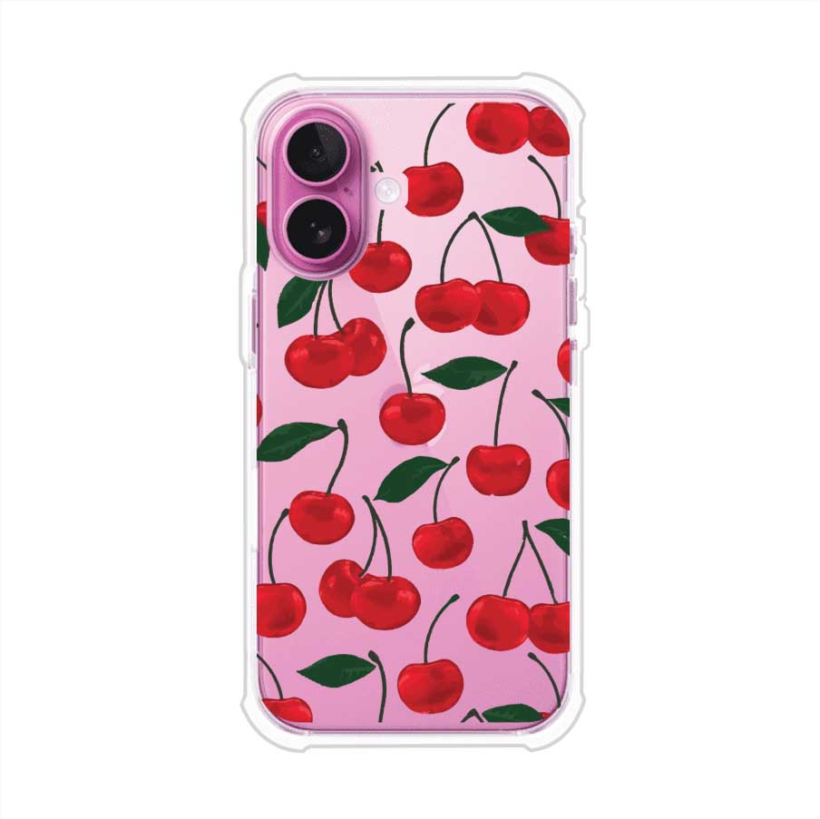 Funda personalizada para iPhone con diseño aesthetic de cerezas (cherries) rojas sobre fondo rosa, ideal para un estilo juvenil y divertido. Producto de Remark MX