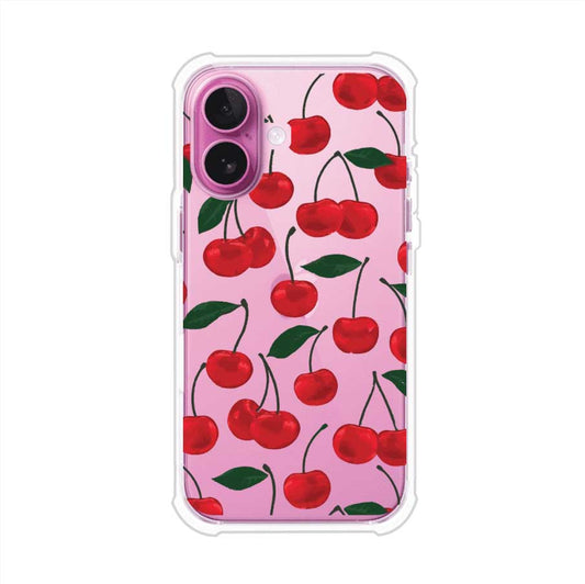 Funda personalizada para iPhone con diseño aesthetic de cerezas (cherries) rojas sobre fondo rosa, ideal para un estilo juvenil y divertido. Producto de Remark MX
