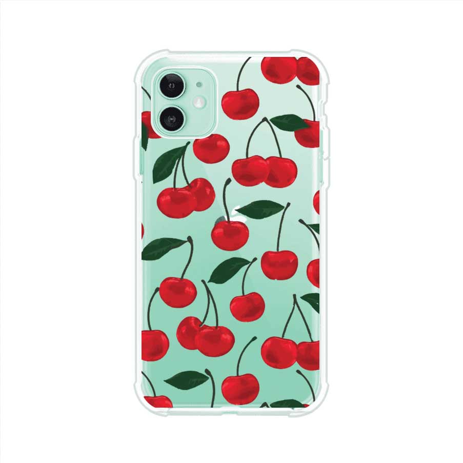 Funda personalizada para iPhone con diseño aesthetic de cerezas (cherries) rojas sobre fondo rosa, ideal para un estilo juvenil y divertido. Producto de Remark MX