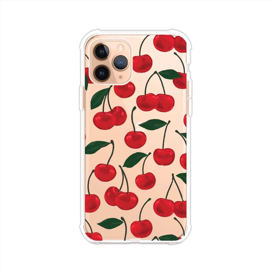 Funda personalizada para iPhone con diseño aesthetic de cerezas (cherries) rojas sobre fondo rosa, ideal para un estilo juvenil y divertido. Producto de Remark MX