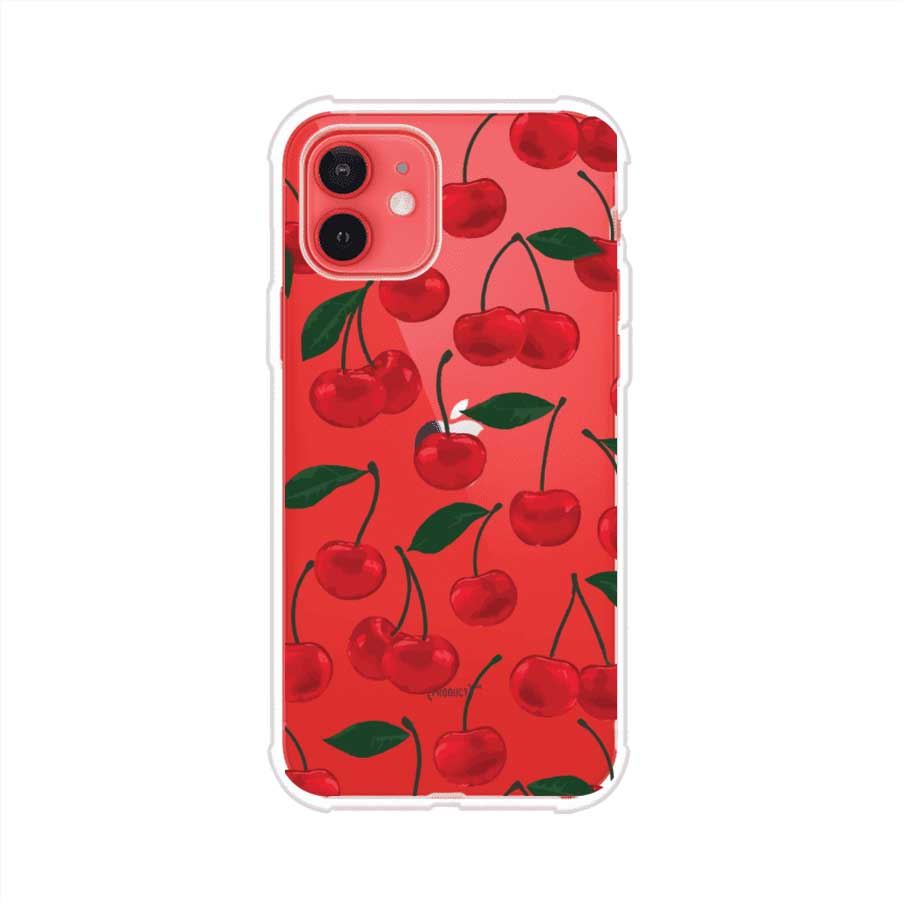 Funda personalizada para iPhone con diseño aesthetic de cerezas (cherries) rojas sobre fondo rosa, ideal para un estilo juvenil y divertido. Producto de Remark MX
