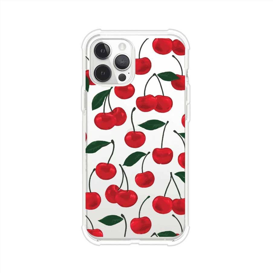 Funda personalizada para iPhone con diseño aesthetic de cerezas (cherries) rojas sobre fondo rosa, ideal para un estilo juvenil y divertido. Producto de Remark MX