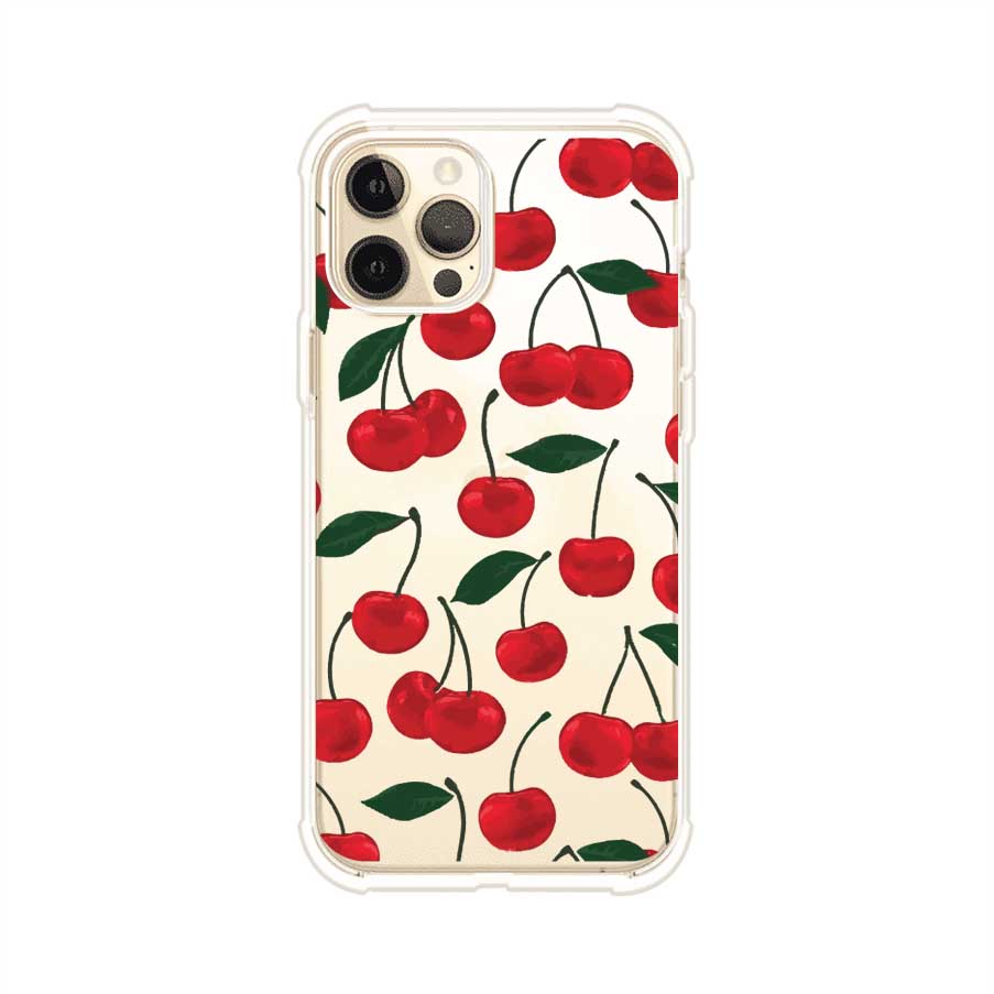 Funda personalizada para iPhone con diseño aesthetic de cerezas (cherries) rojas sobre fondo rosa, ideal para un estilo juvenil y divertido. Producto de Remark MX
