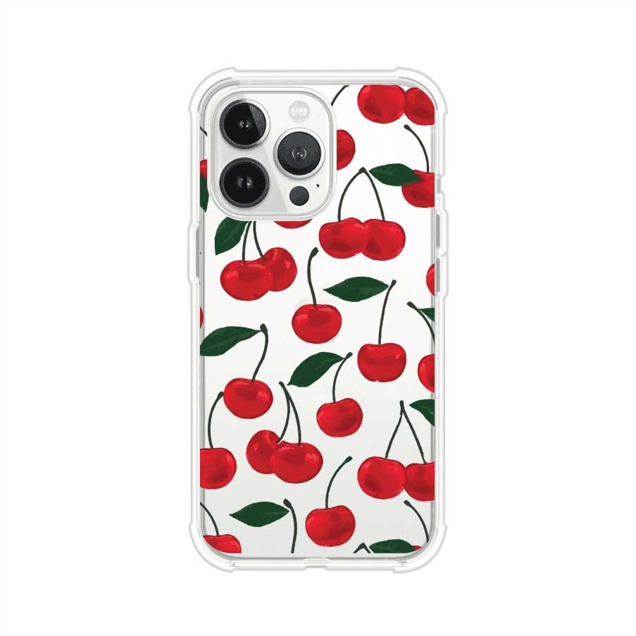 Funda personalizada para iPhone con diseño aesthetic de cerezas (cherries) rojas sobre fondo rosa, ideal para un estilo juvenil y divertido. Producto de Remark MX