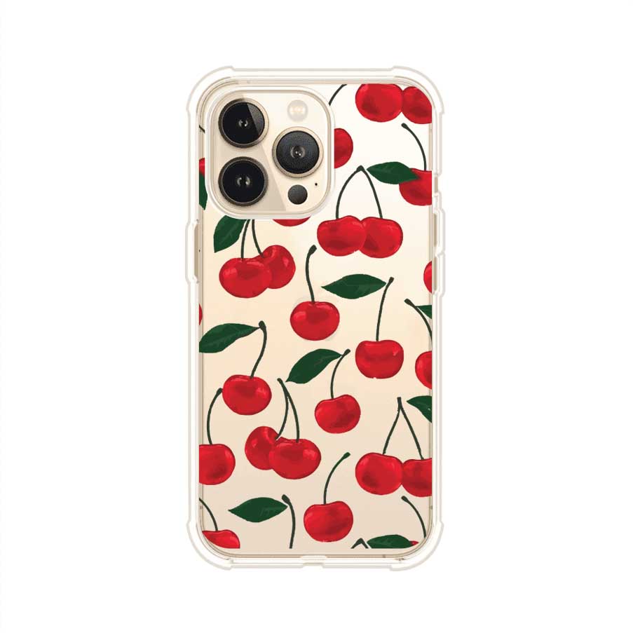 Funda personalizada para iPhone con diseño aesthetic de cerezas (cherries) rojas sobre fondo rosa, ideal para un estilo juvenil y divertido. Producto de Remark MX