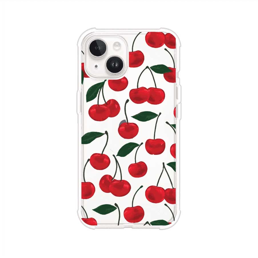 Funda personalizada para iPhone con diseño aesthetic de cerezas (cherries) rojas sobre fondo rosa, ideal para un estilo juvenil y divertido. Producto de Remark MX