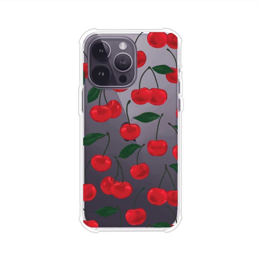 Funda personalizada para iPhone con diseño aesthetic de cerezas (cherries) rojas sobre fondo rosa, ideal para un estilo juvenil y divertido. Producto de Remark MX