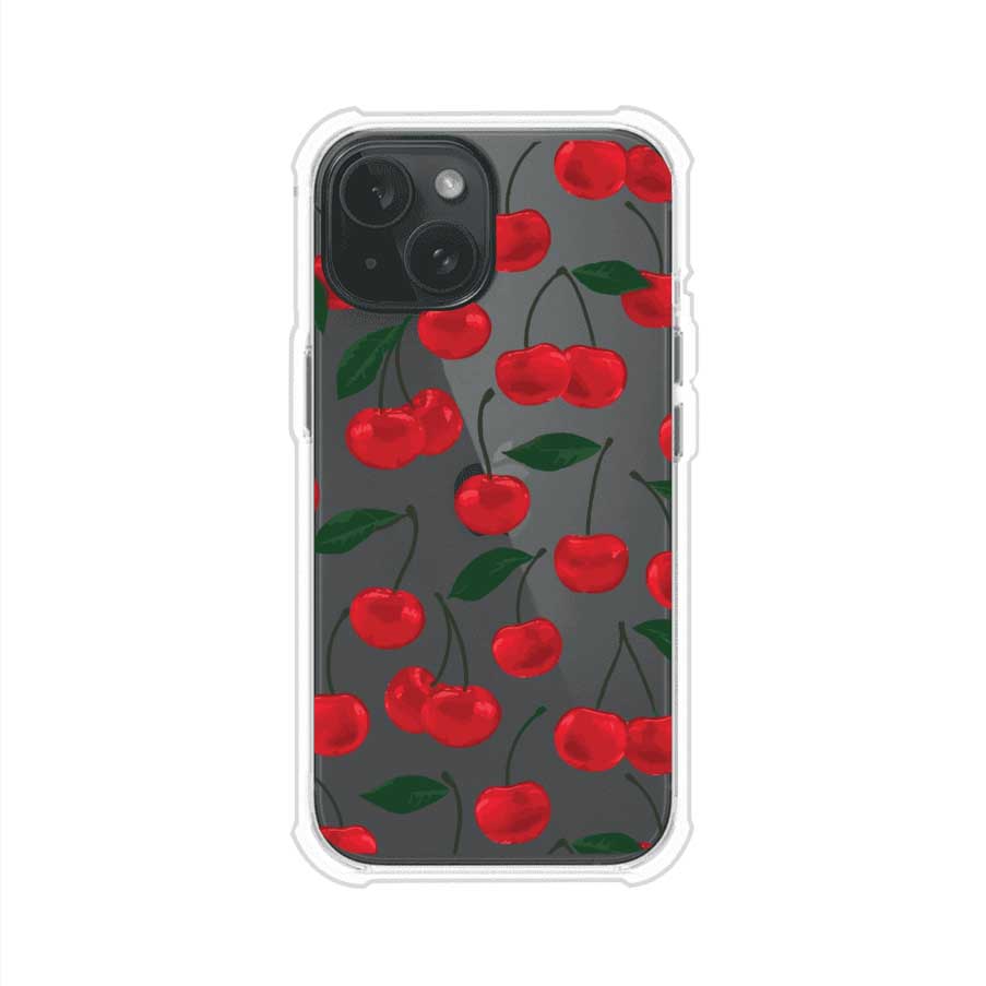Funda personalizada para iPhone con diseño aesthetic de cerezas (cherries) rojas sobre fondo rosa, ideal para un estilo juvenil y divertido. Producto de Remark MX