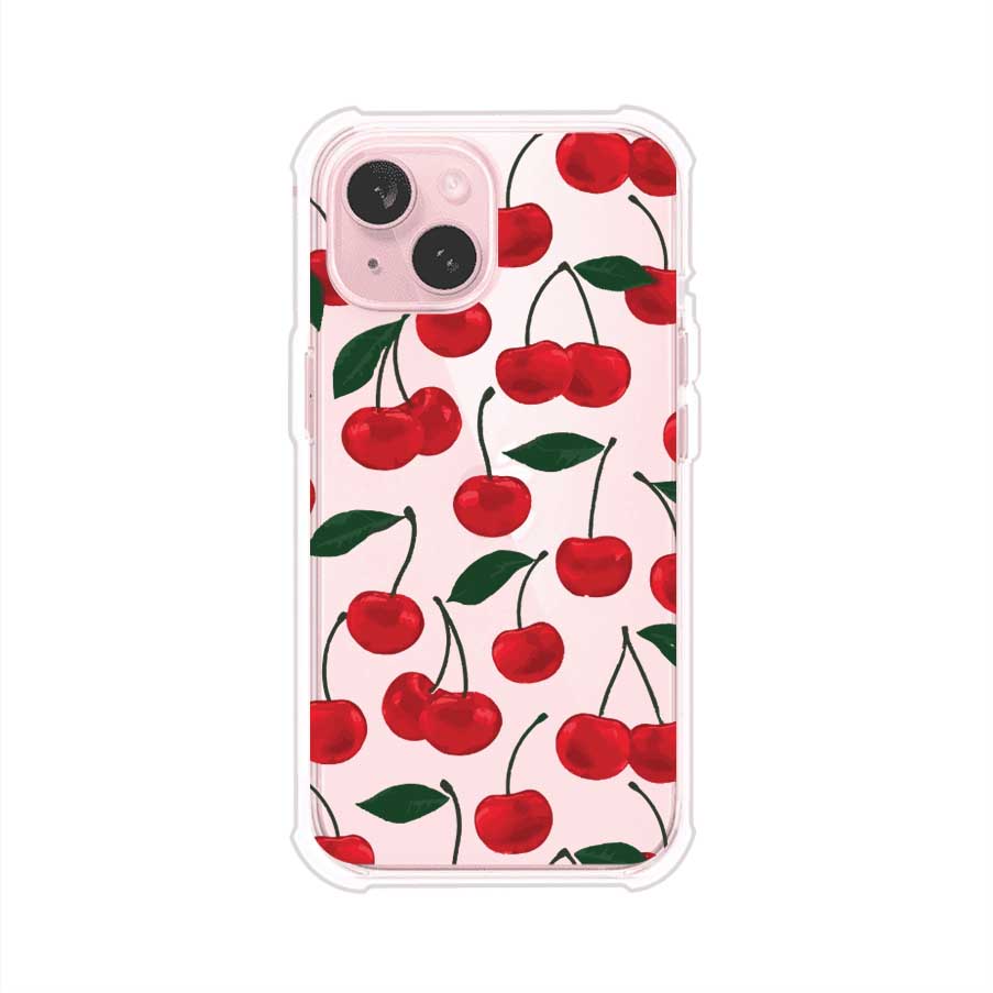 Funda personalizada para iPhone con diseño aesthetic de cerezas (cherries) rojas sobre fondo rosa, ideal para un estilo juvenil y divertido. Producto de Remark MX