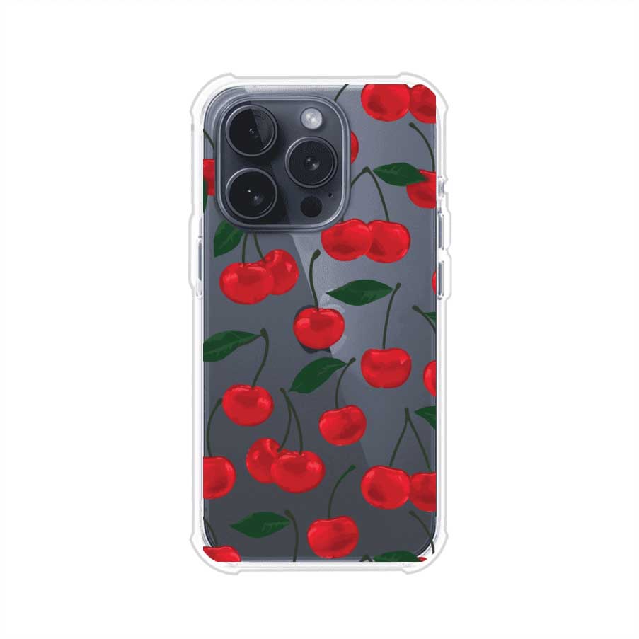 Funda personalizada para iPhone con diseño aesthetic de cerezas (cherries) rojas sobre fondo rosa, ideal para un estilo juvenil y divertido. Producto de Remark MX