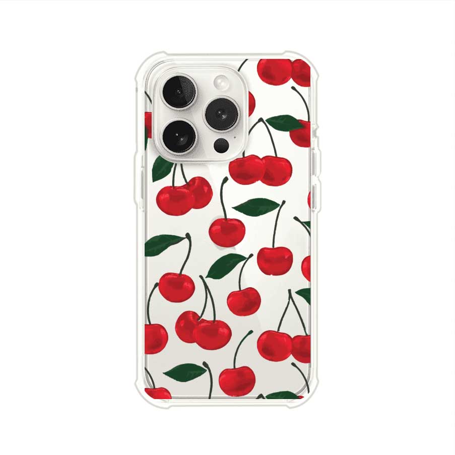 Funda personalizada para iPhone con diseño aesthetic de cerezas (cherries) rojas sobre fondo rosa, ideal para un estilo juvenil y divertido. Producto de Remark MX