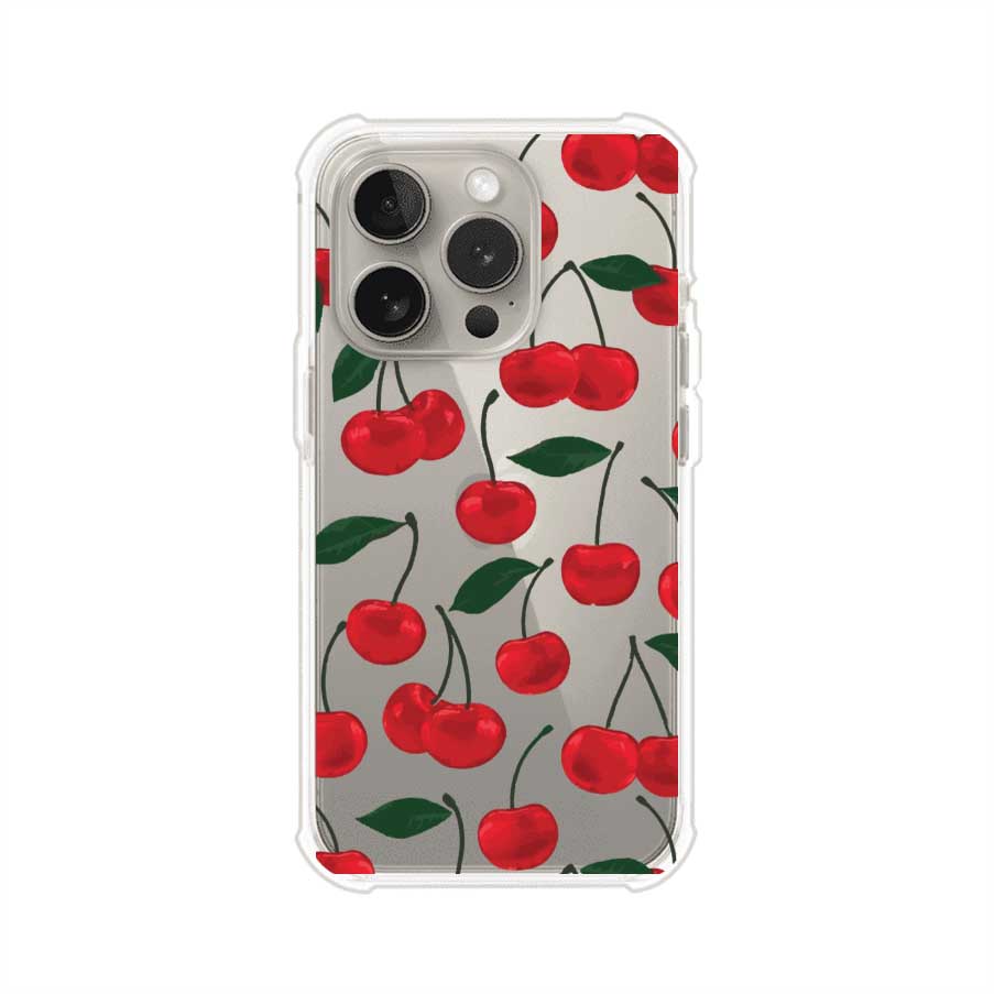 Funda personalizada para iPhone con diseño aesthetic de cerezas (cherries) rojas sobre fondo rosa, ideal para un estilo juvenil y divertido. Producto de Remark MX