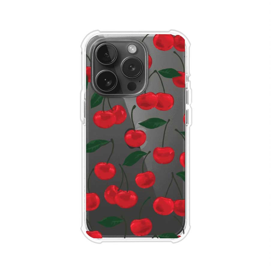 Funda personalizada para iPhone con diseño aesthetic de cerezas (cherries) rojas sobre fondo rosa, ideal para un estilo juvenil y divertido. Producto de Remark MX